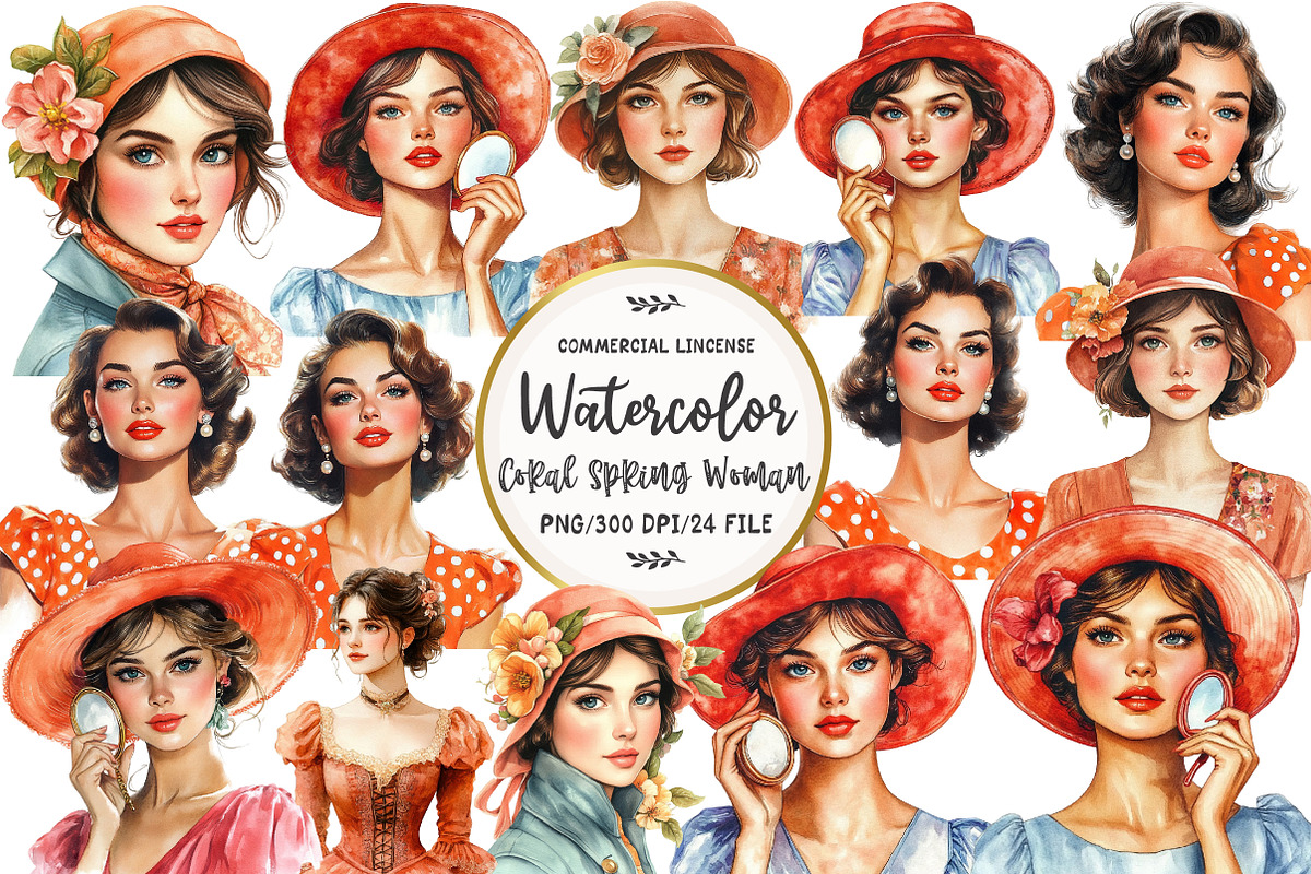 Coral Spring Vintage Woman Clipart, an Illustration by OK Design (Photo 1 of 5)