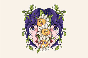 Girl with Daisy Flowers Inside, a Person Illustration by Judsart