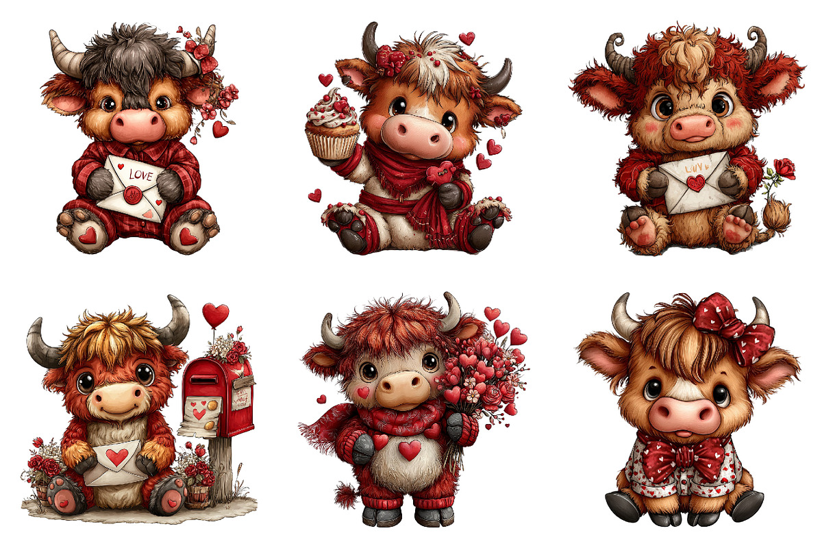 Valentine’s Day Highland Cow Clipart, an Illustration by Dream Creation (Photo 5 of 8)