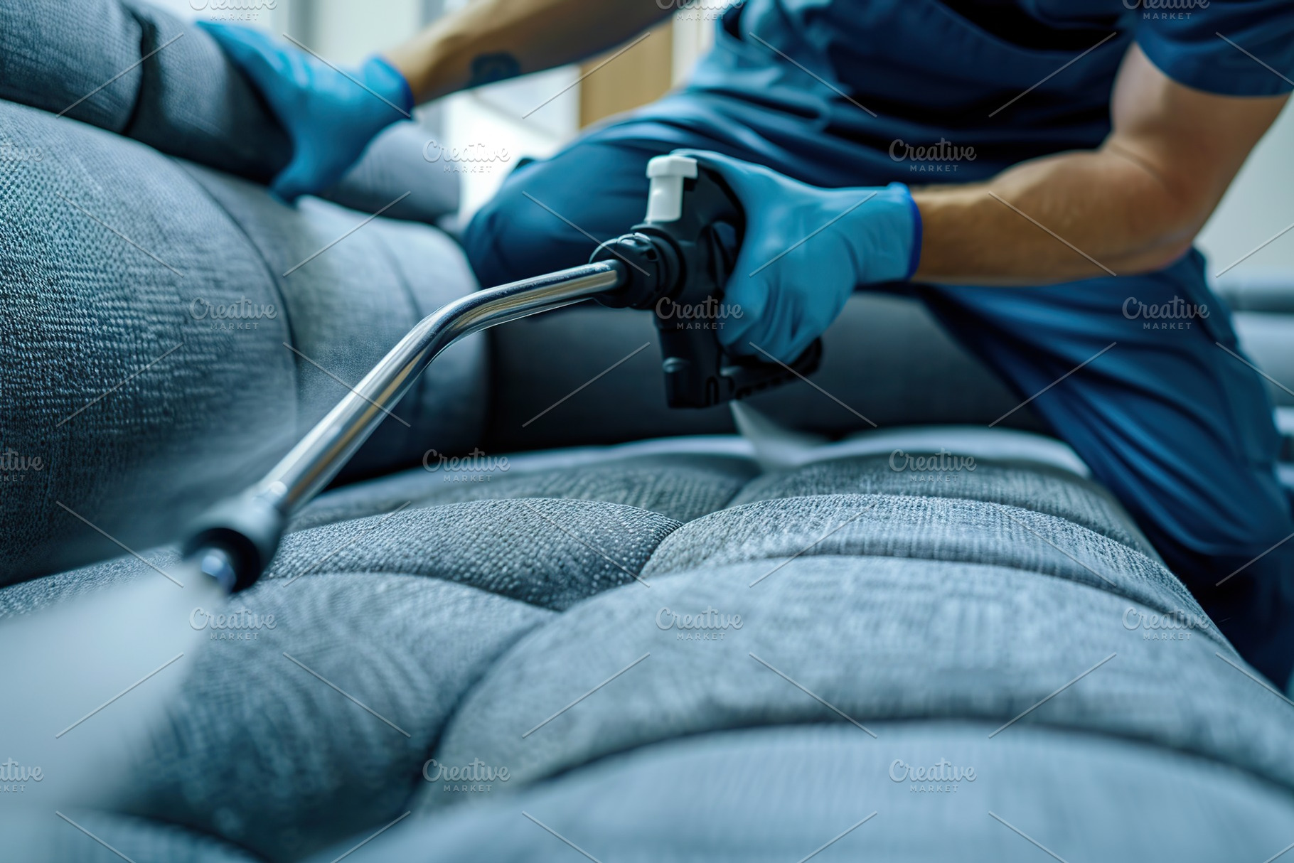 Cleaning modern couch using professional steam cleaner, a Photo by AlyaAnd