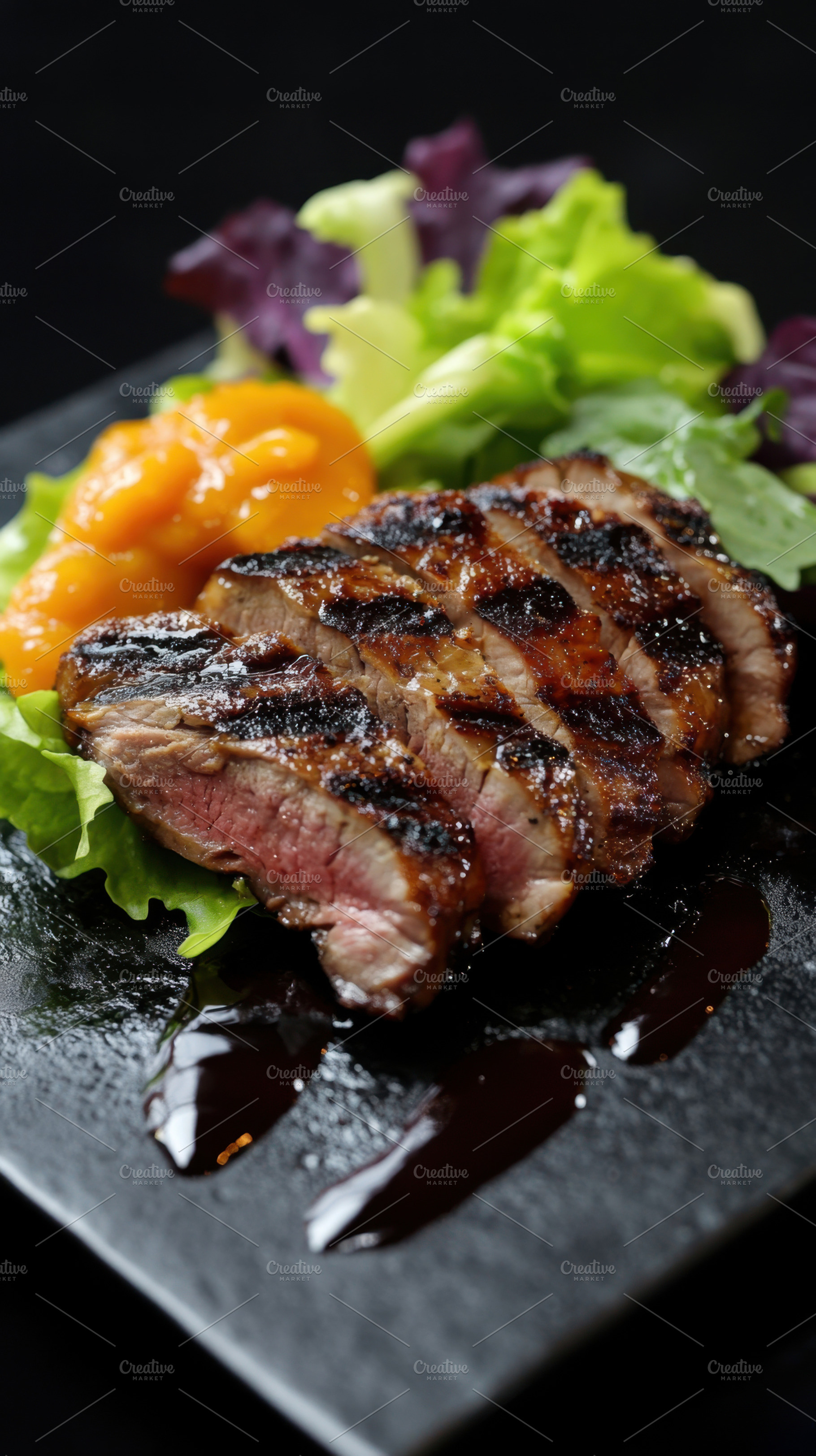 Grilled steak with greens  sauce, a Photo by Beautiful things