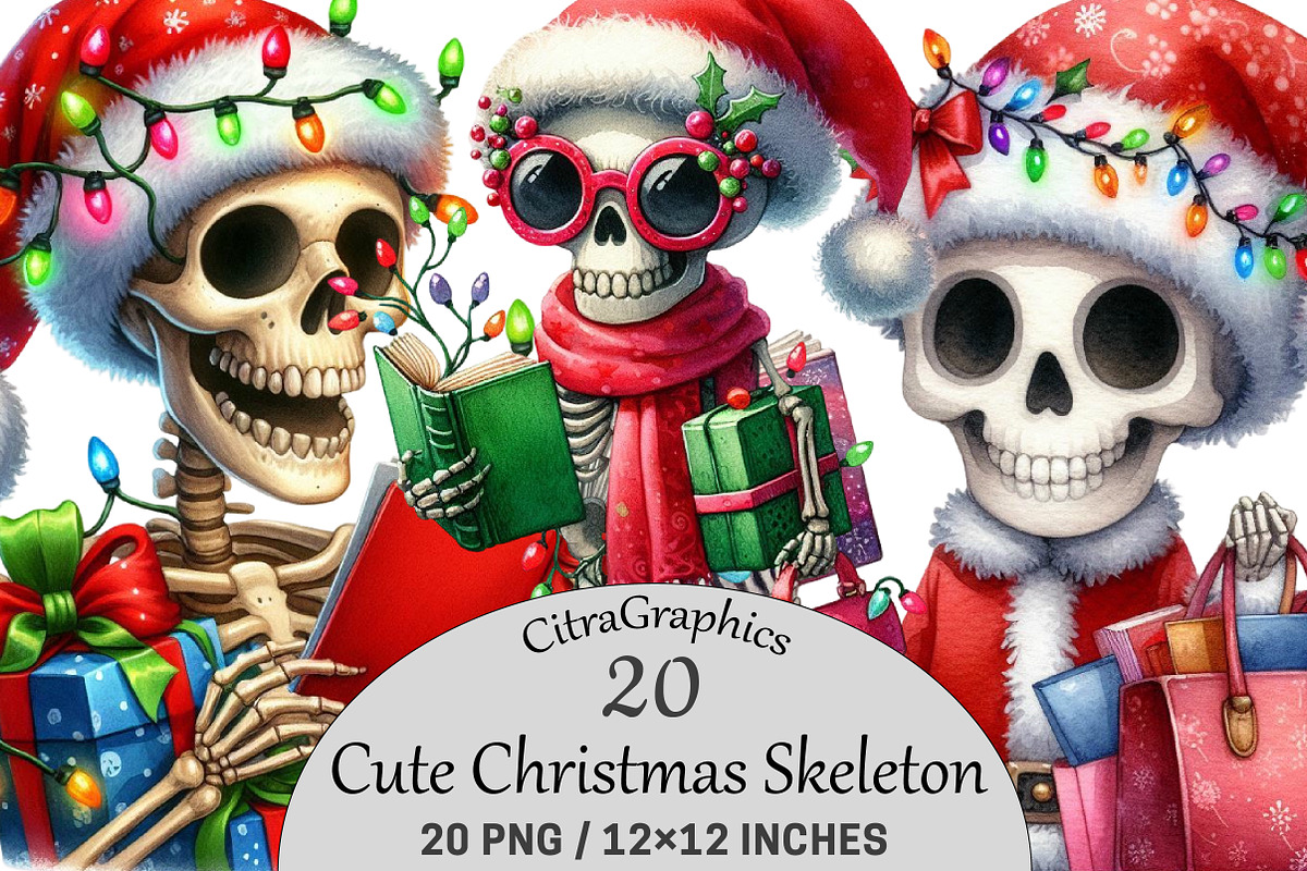 Cute Christmas Skeleton PNG Clipart, a Seasonal Illustration by CitraGraphics (Photo 1 of 6)