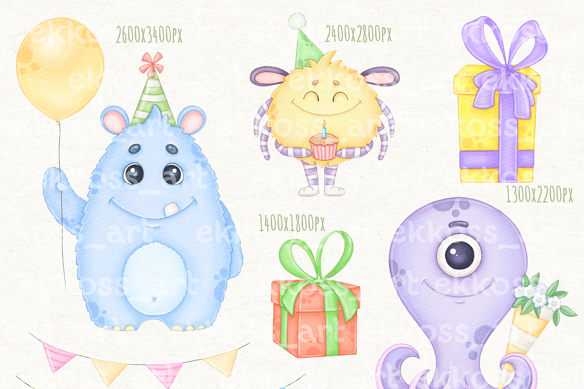 Watercolor Monsters Birthday Clipart, an Illustration by ekossa_art (Photo 2 of 6)