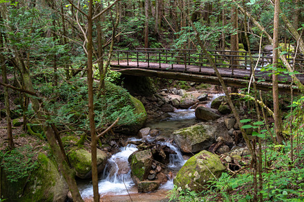 Bridge over the river on Nakasendo trail, Japan