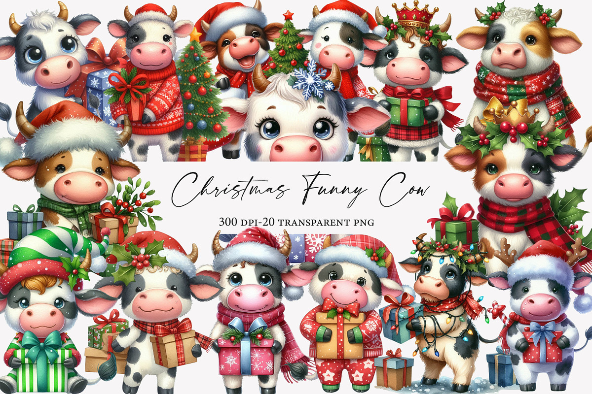 Christmas Funny Cow Clipart, an Illustration by Designworld (Photo 1 of 5)