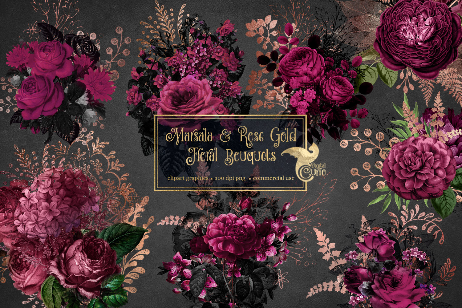 Marsala and Rose Gold Floral Clipart, an Illustration by Digital Curio