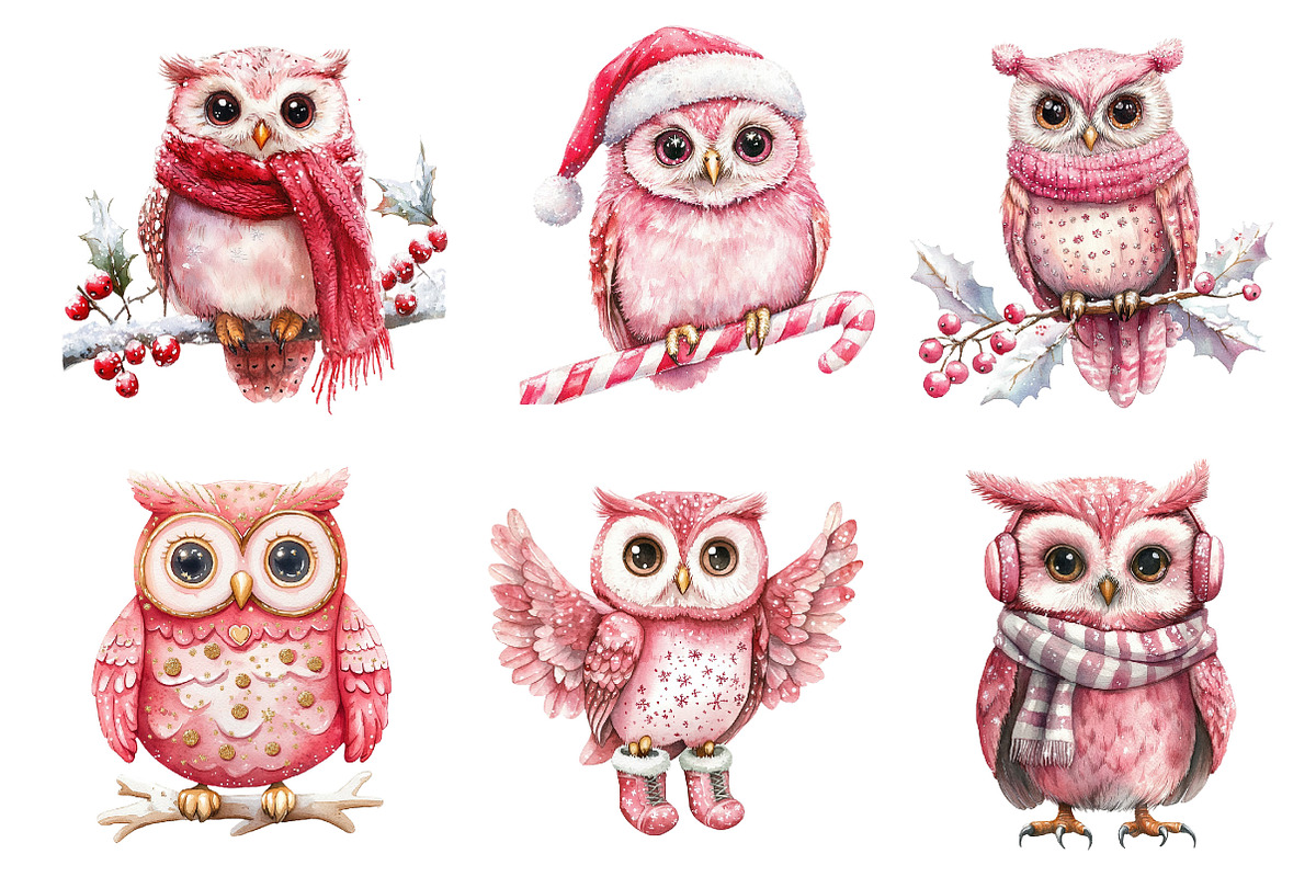 Christmas Owl Watercolor Clipart, an Illustration by Dream Creation (Photo 6 of 8)