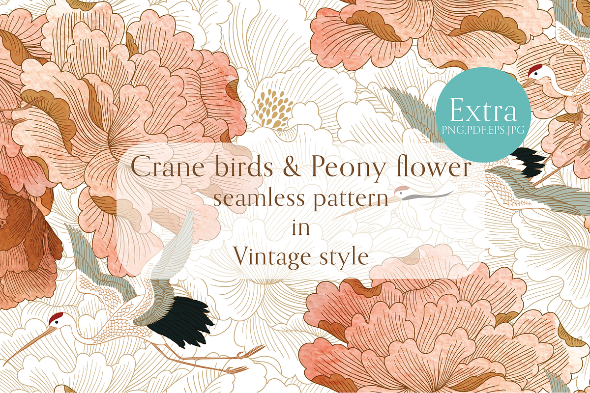 Crane birds & Peony Flower Pattern, a Pattern Graphic by marukopum (Photo 1 of 3)