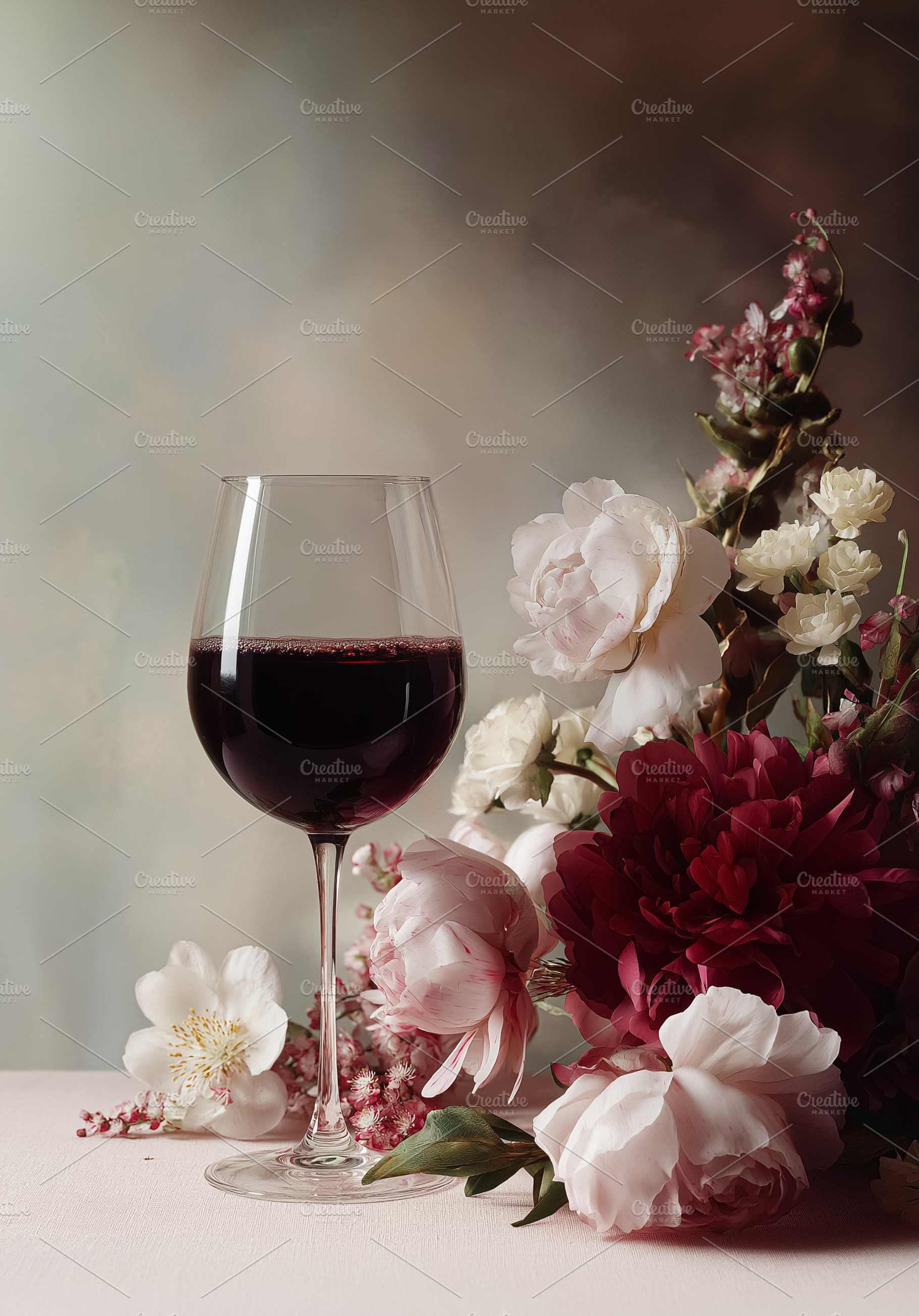 Still life featuring a glass of red wine with dark, moody peony flowers, creati, a Food & Drink Photo by Studio ANNA