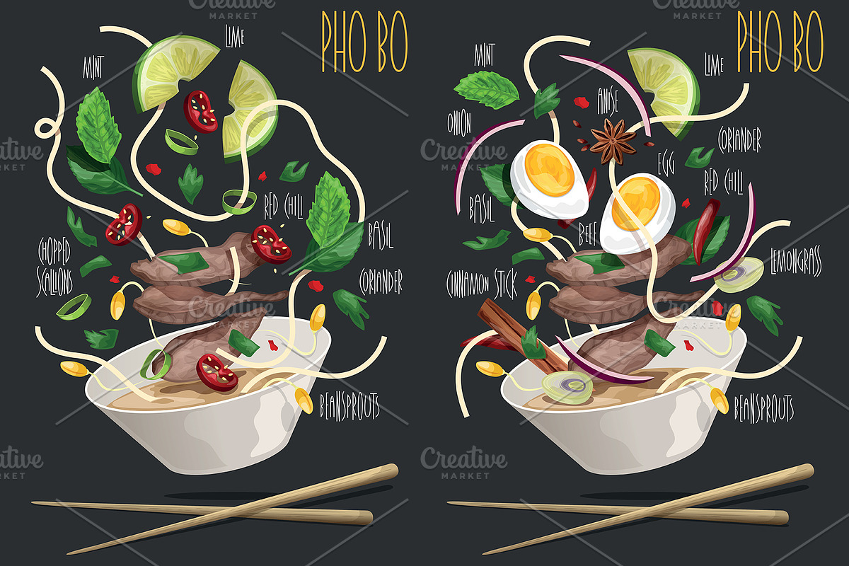 Pho Bo. Vietnamese rice noodle soup, a Food Illustration by AKOMIX (Photo 1 of 2)