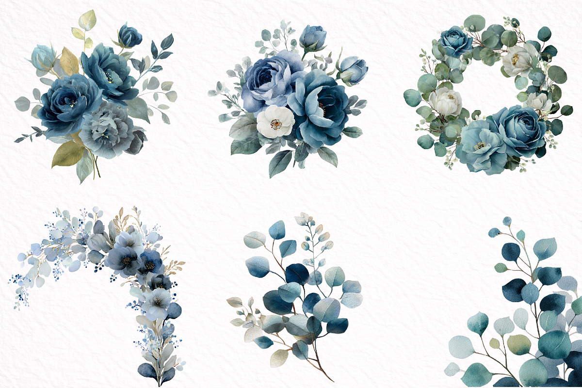 Watercolor Dusty Blue Floral Clipart, an Illustration by DreamArtGraphic (Photo 4 of 8)