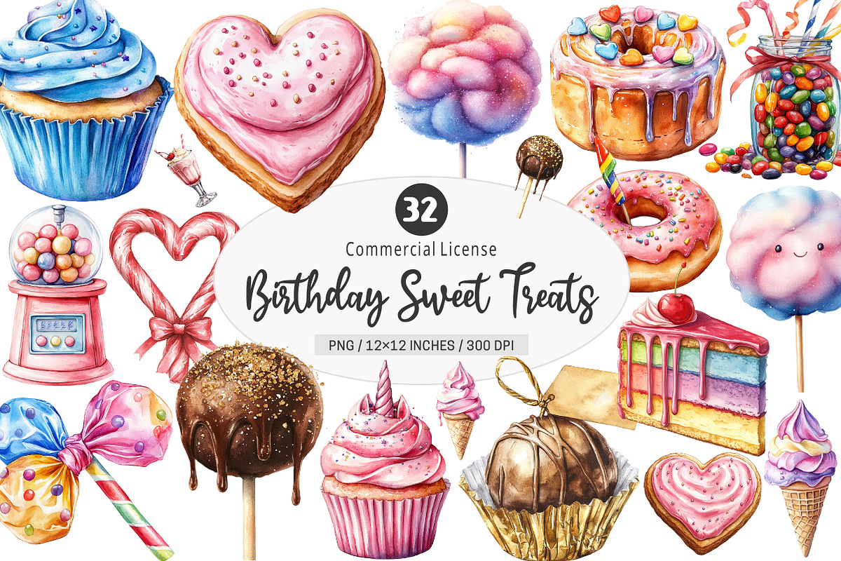 Watercolor Birthday Sweet Treats PNG, an Illustration by SinaCreation (Photo 1 of 5)