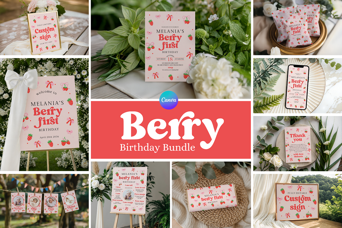 Strawberry 1st Birthday Mega Set, an Invitation Template by Digital_Mind (Photo 1 of 8)