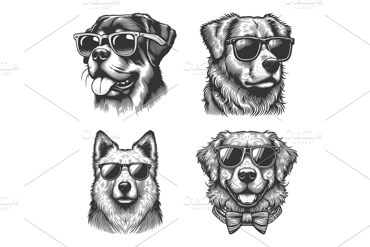 cool dog wearing sunglasses set, an Animal Illustration by AlexArt