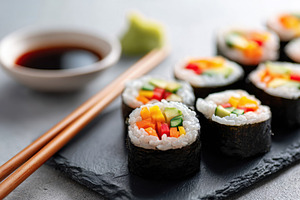 Colorful sushi rolls on slate platter, a Food & Drink Photo by AlyaAnd