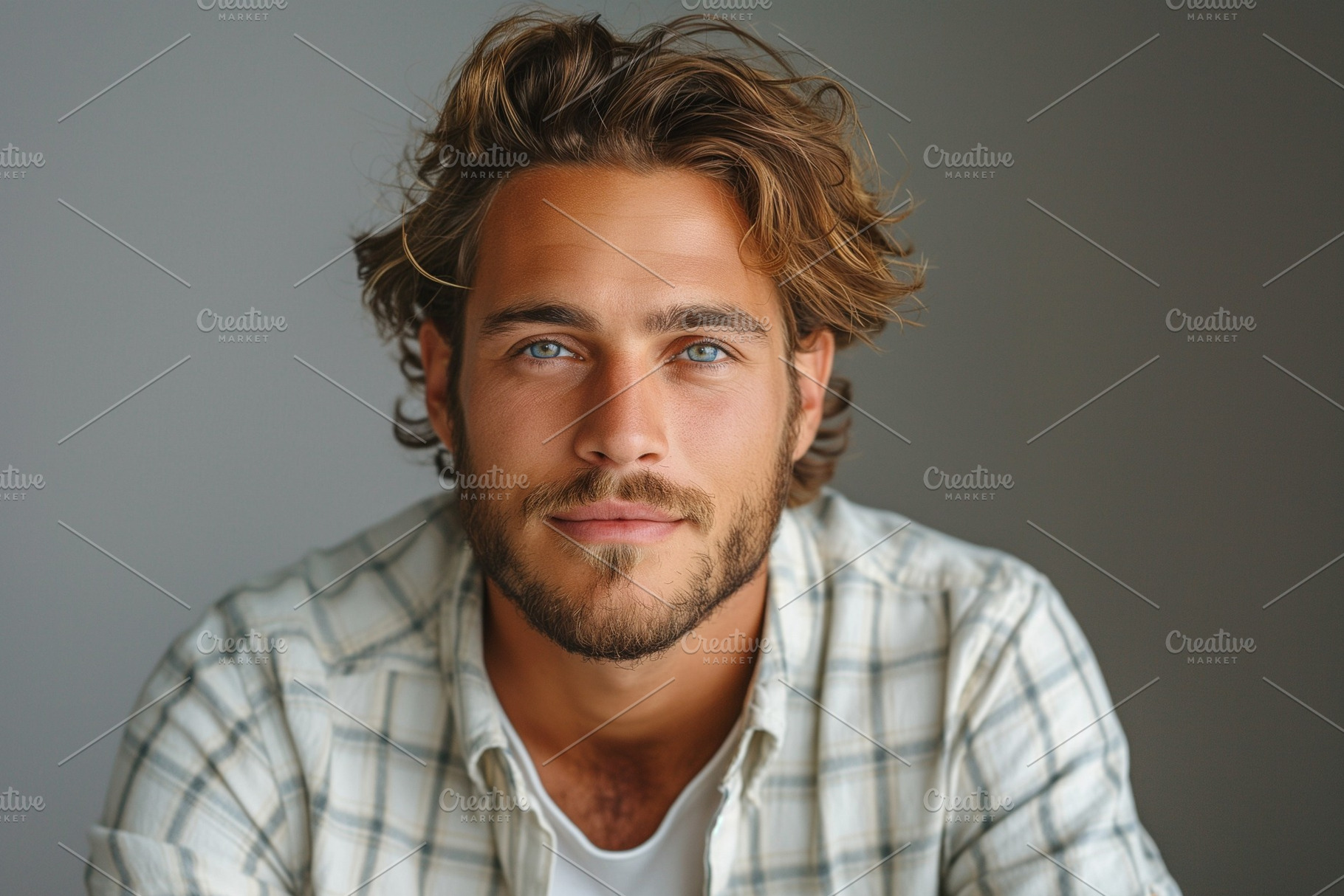 A handsome Caucasian man with striking blue eyes and tousled hair, smiling warm, a Person Photo by ImageMir