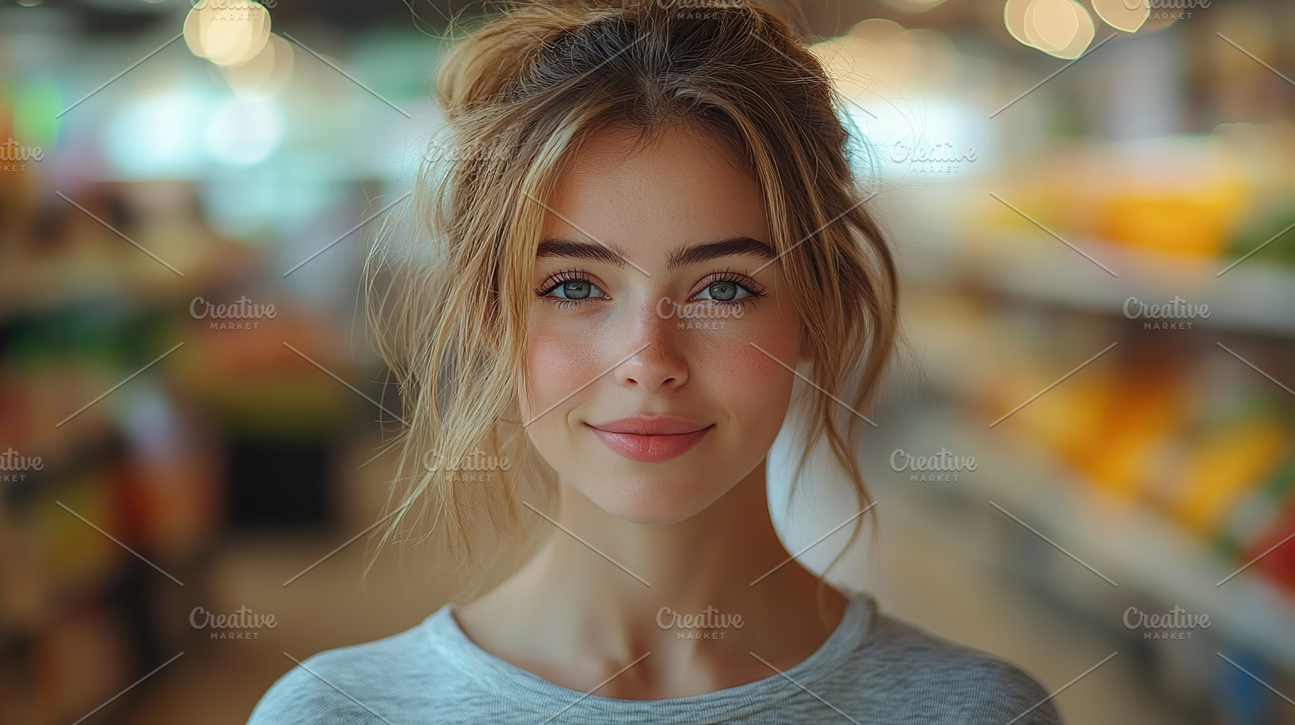 Portrait of young woman in supermarket, a Photo by AlyaAnd