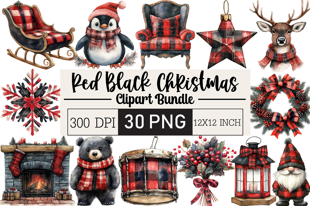 Red Black Christmas Clipart, an Illustration by Black Bird Studio (Photo 1 of 6)