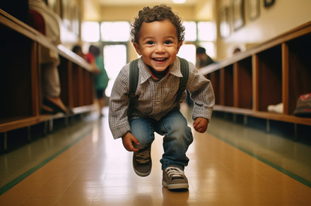An up - close, candid shot of a toddler, ready for his first day, a School & Education Photo by designvectx