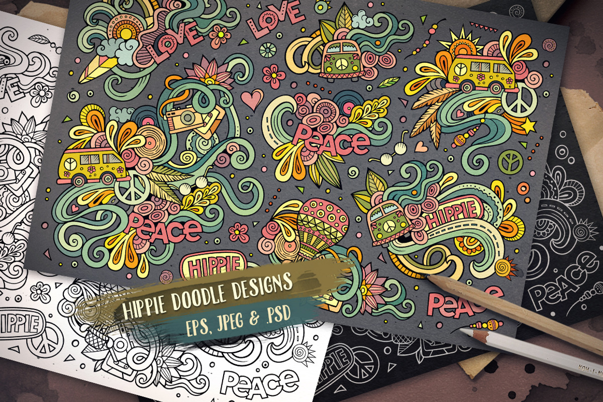 Hippie Doodles Designs Big Set, a Decorative Illustration by BALABOLKA (Photo 2 of 10)