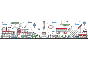 Travel In Paris City Line Flat Design Banner