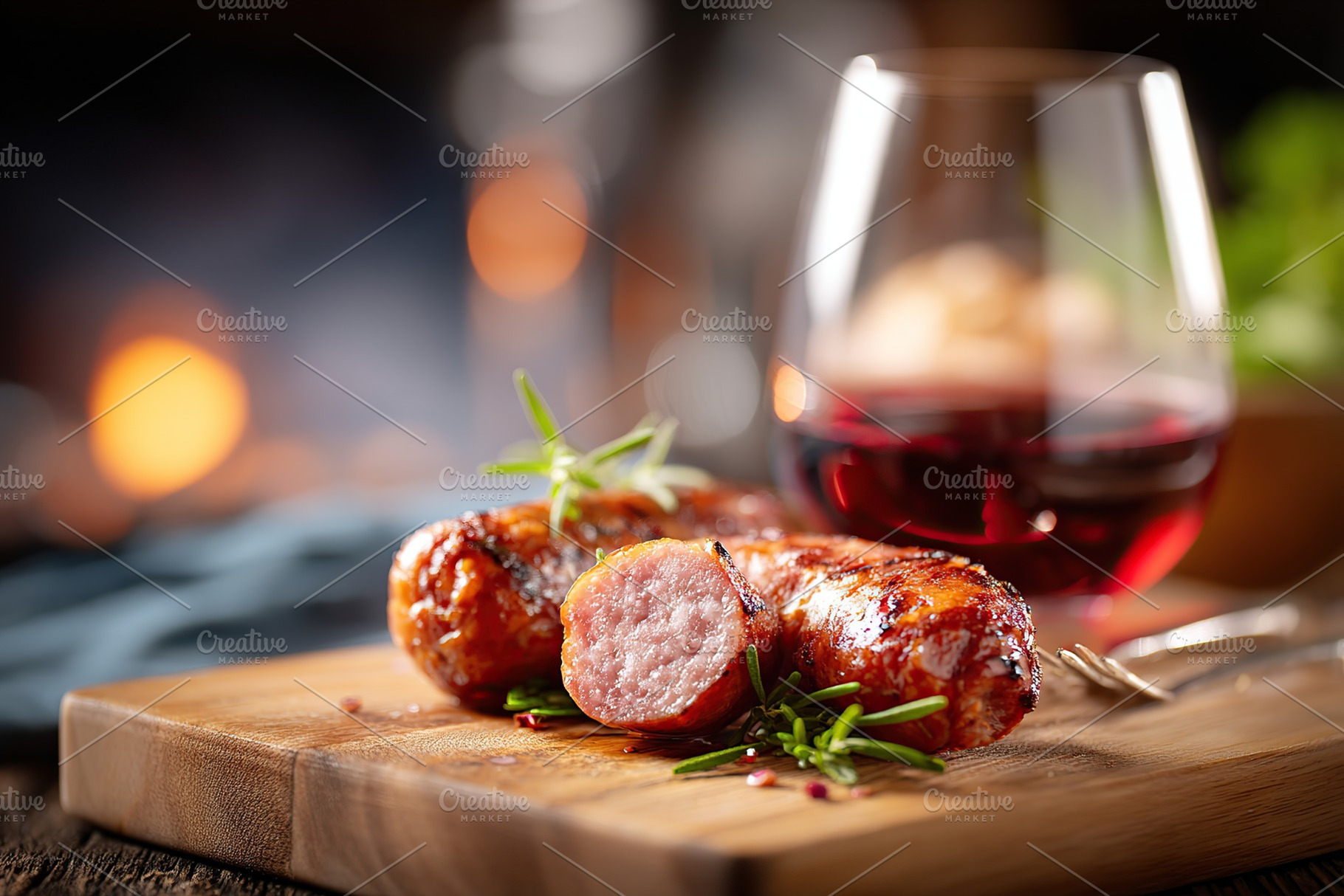 Smoked sausage pieces arranged on a wooden board with a glass of wine nearby, a Food & Drink Photo by AlyaAnd