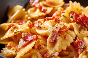 Delicious pasta with crispy bacon and herbs, a Food & Drink Photo by AlyaAnd