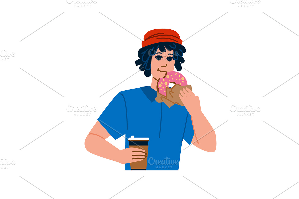 Young man enjoying a donut and, a Food Illustration by pikepicture