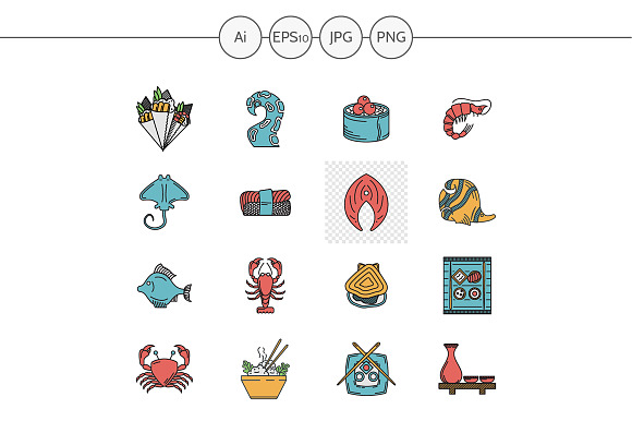 Seafood menu flat color vector icons preview 2