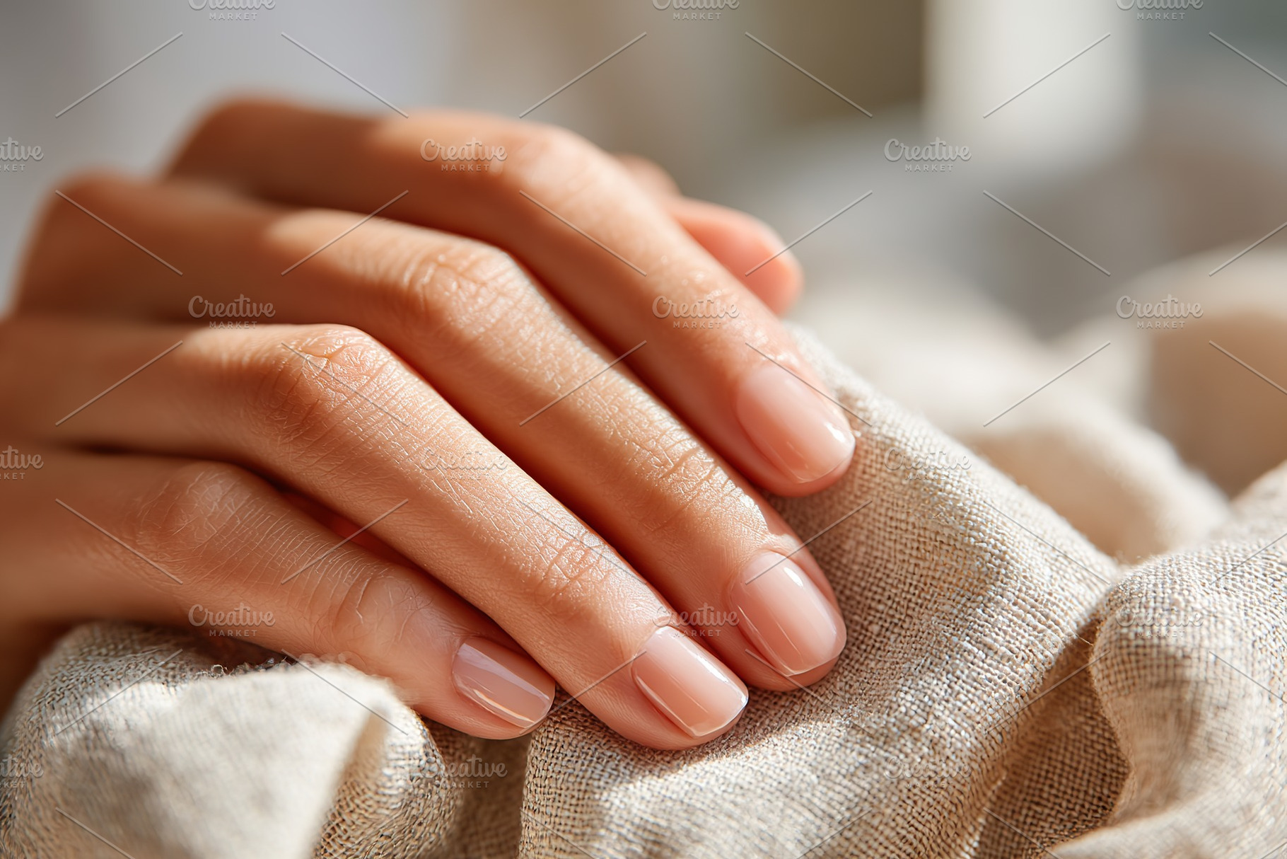 Elegant female hand resting gracefully on soft fabric in a cozy natural setting, a Photo by AlyaAnd