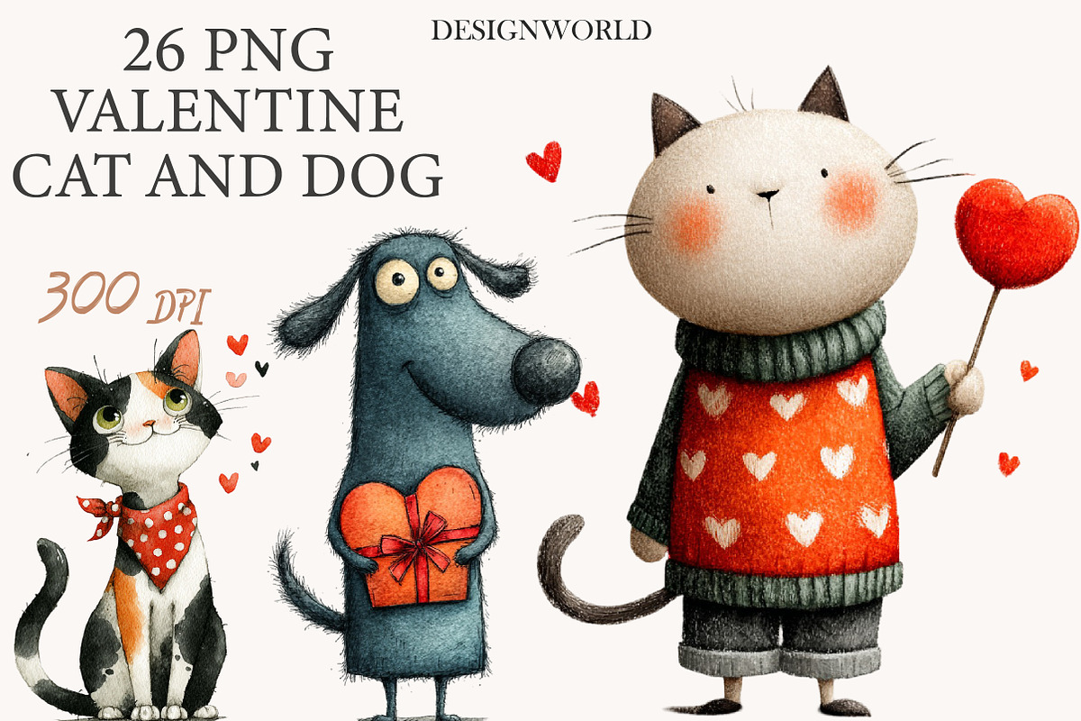 Valentine cat and dog clipart bundle, an Illustration by Designworld (Photo 1 of 10)