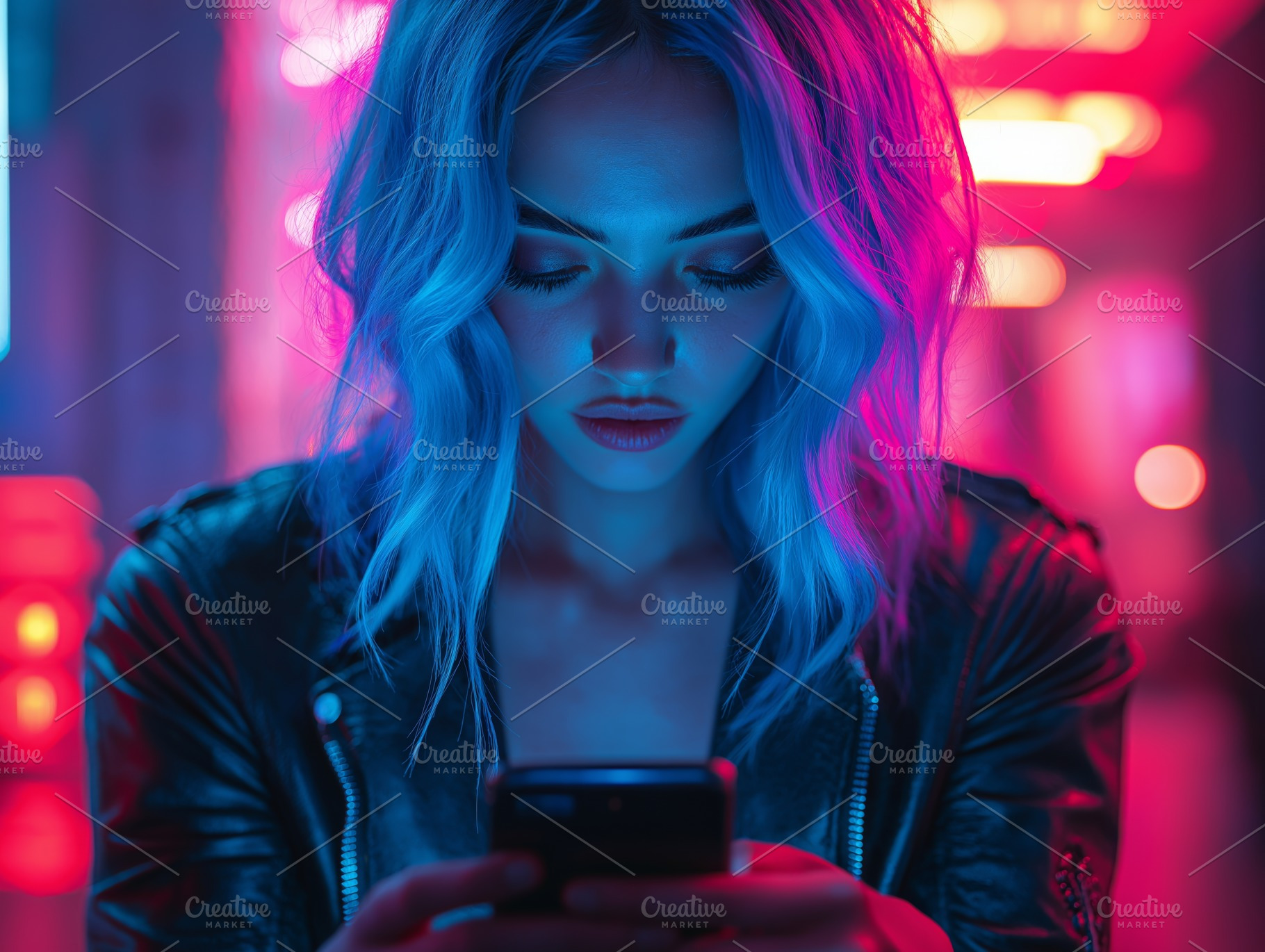 A young woman with blue hair focused on her smartphone, illuminated by vibrant, a Person Photo by ImageMir