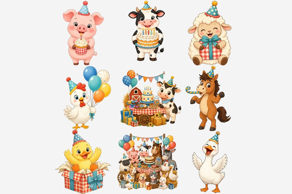 Farm Animals Birthday Clipart Bundle, a Seasonal Illustration by Tanya Kart (Photo 3 of 5)