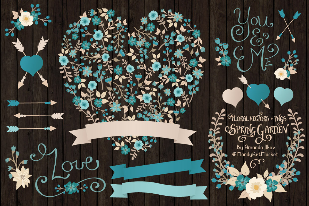 Vintage Blue Floral Heart & Banners, an Illustration by Amanda Ilkov (Photo 2 of 4)