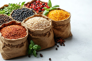 Colorful assortment of spices and gr, a Photo by Tanuart