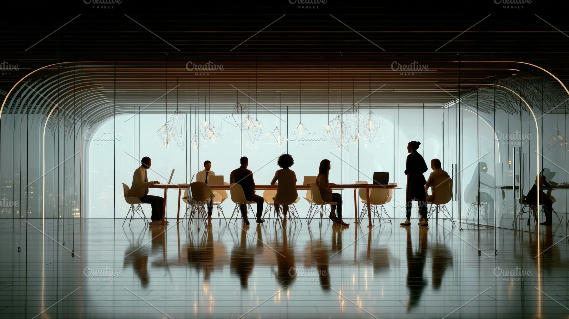 A modern conference room with silhouettes of diverse professionals engaged in a, a Person Photo by Textures & Backgrounds