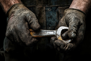Dirty hands holding a rusty wrench H, a Background Photo by Pixeness Studio