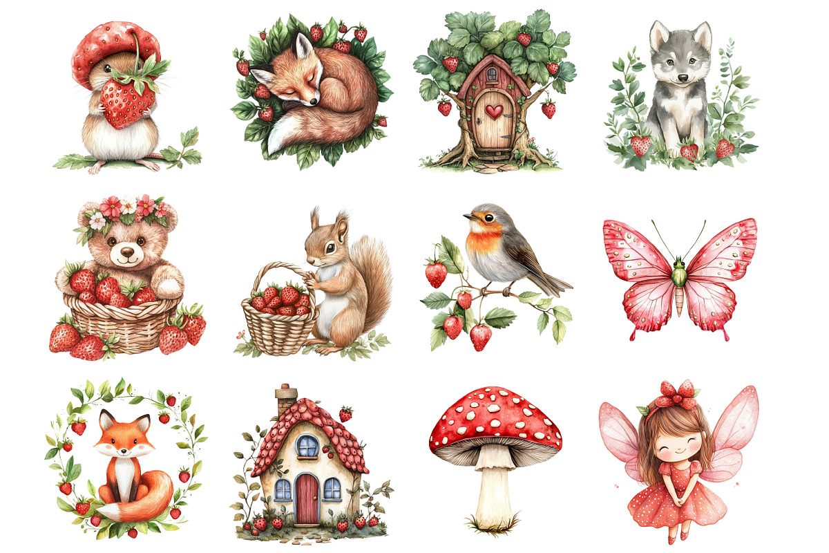 Woodland Animals Strawberry Clipart, a Seasonal Illustration by Design Market (Photo 2 of 4)