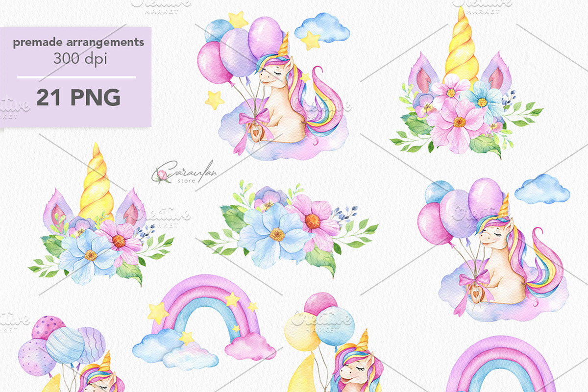 Cute Unicorns Watercolor Collection, an Animal Illustration by CaraulanStore (Photo 2 of 5)