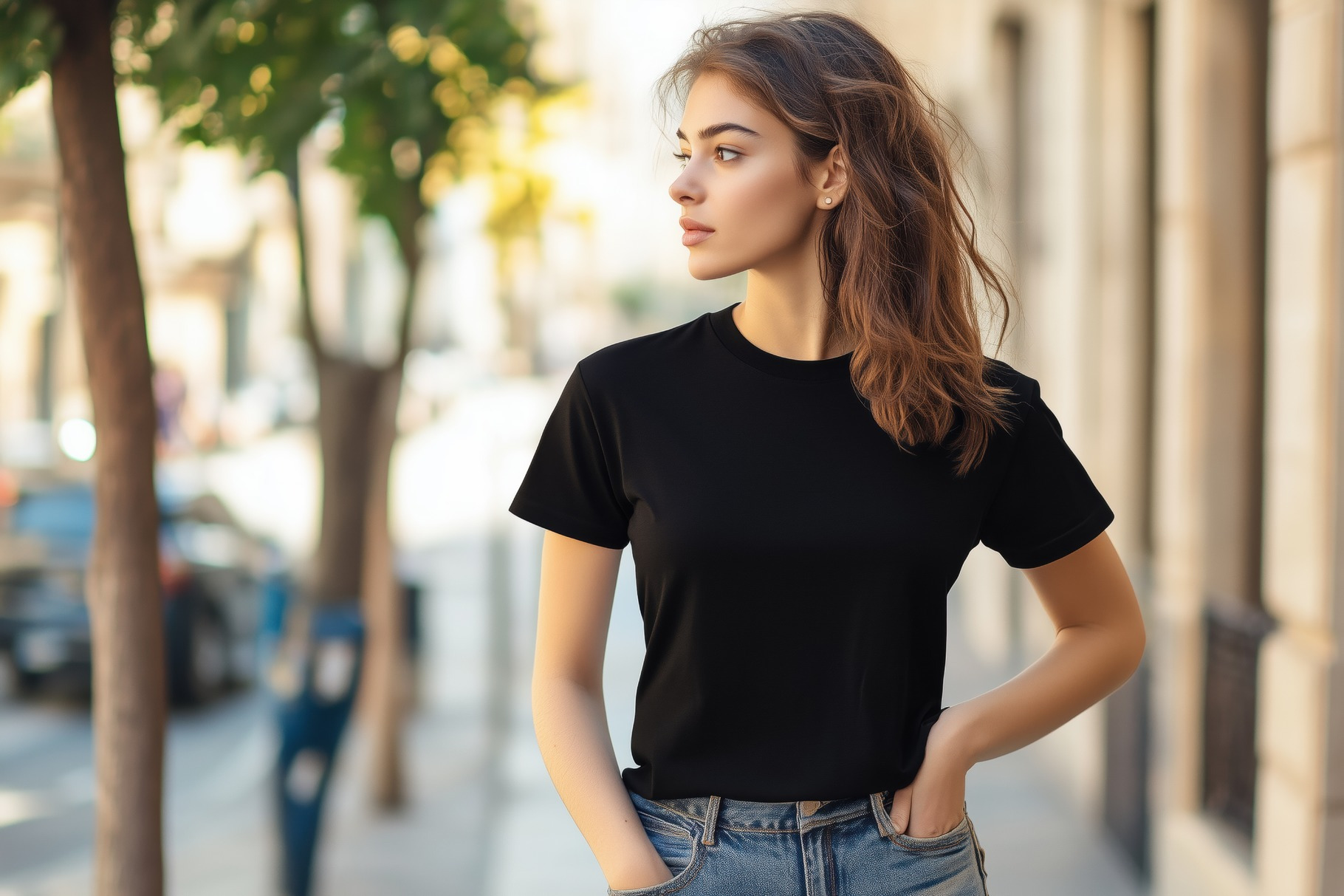 A young woman with long brown hair stands confidently on a city street ...