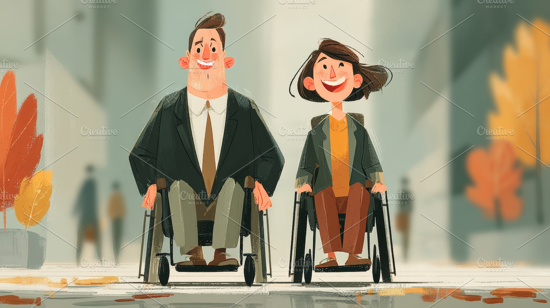 Two colleagues in wheelchairs smiling together outdoors in autumn, a Photo by AS photostudio