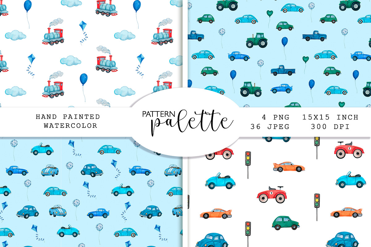 Watercolor blue cars patterns, a Pattern Graphic by PatternPalette (Photo 1 of 11)