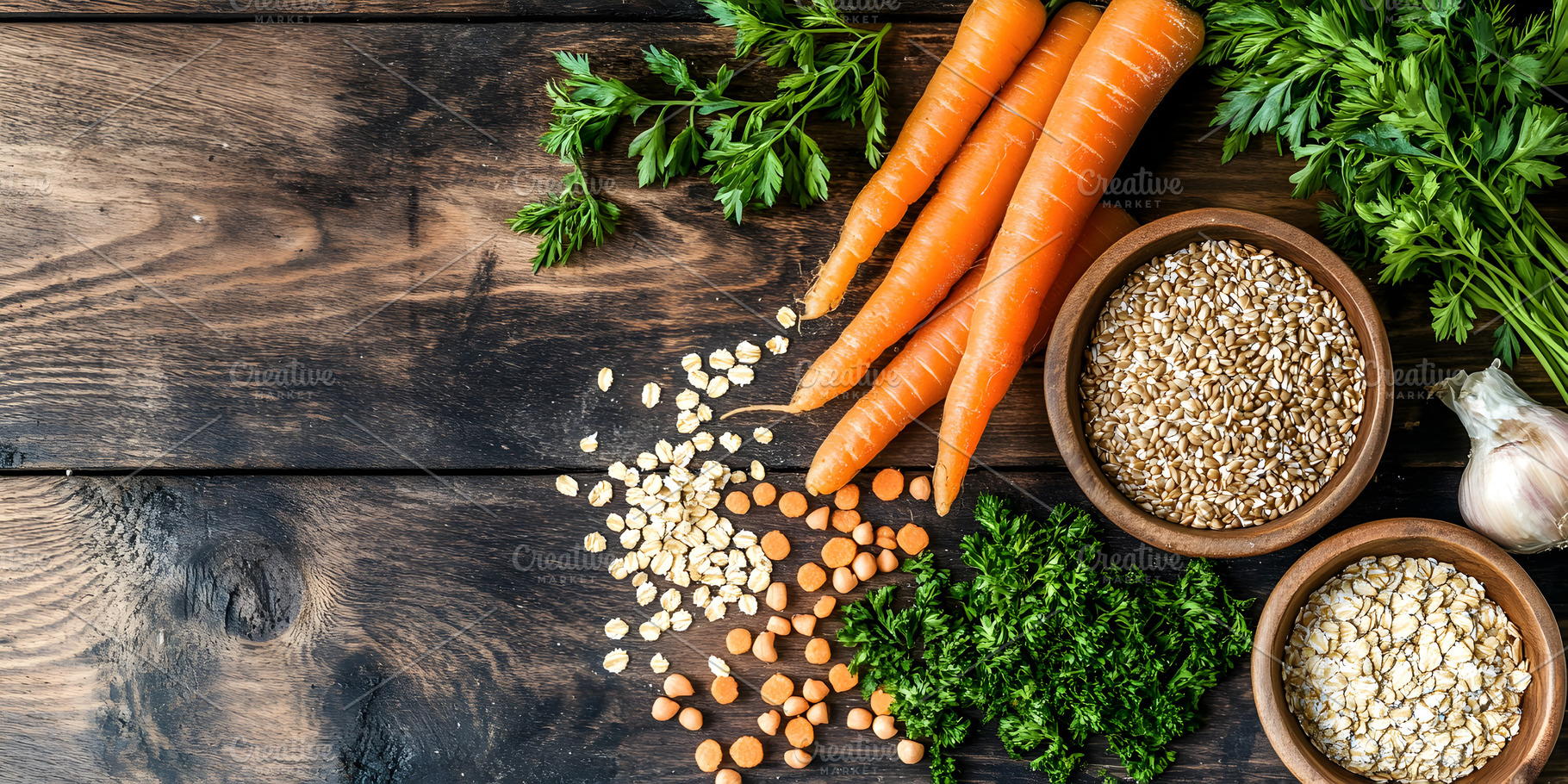 Fresh carrots, grains and herbs on r, a Food & Drink Photo by Photostock