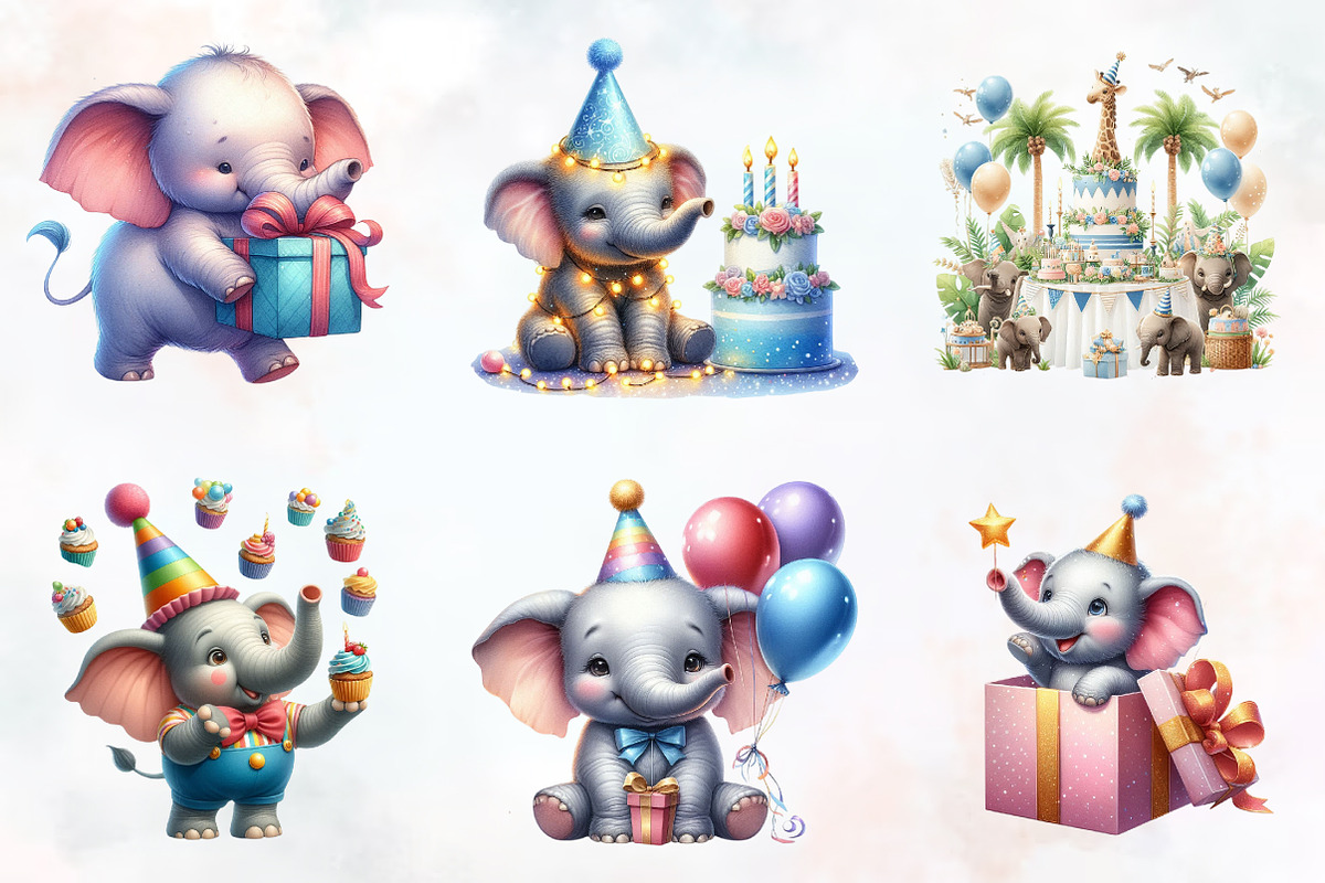 Elephant Birthday Watercolor Clipart, an Illustration by RobertsArt (Photo 2 of 8)