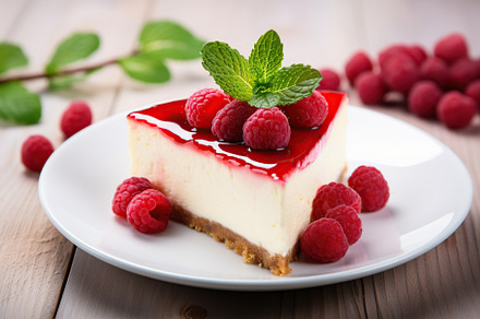 Piece of cheesecake with fresh berries on wooden background, a Food & Drink Photo by AlyaAnd