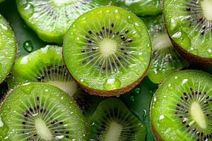 Fresh kiwi slices with droplets of water, showcasing vibrant gre, a Food & Drink Photo by ImageMir