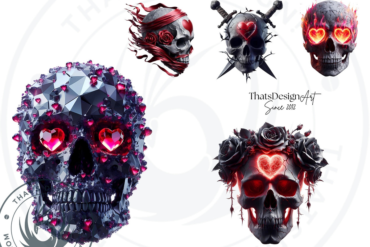 Valentines day Skulls clipart Set, a Seasonal Illustration by ThatsDesignArt (Photo 10 of 10)