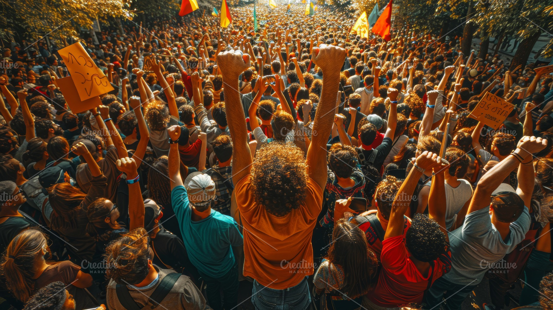 Energetic crowd gathering in protest with raised fists and signs, a Photo by AS photostudio