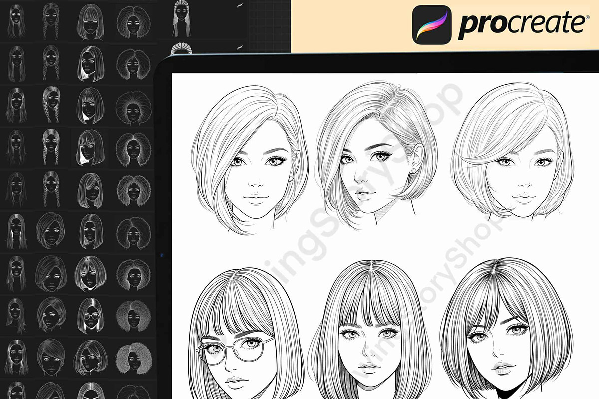200 Procreate Woman Head Stamps, a Brush Add-On by DrawingStoryShop