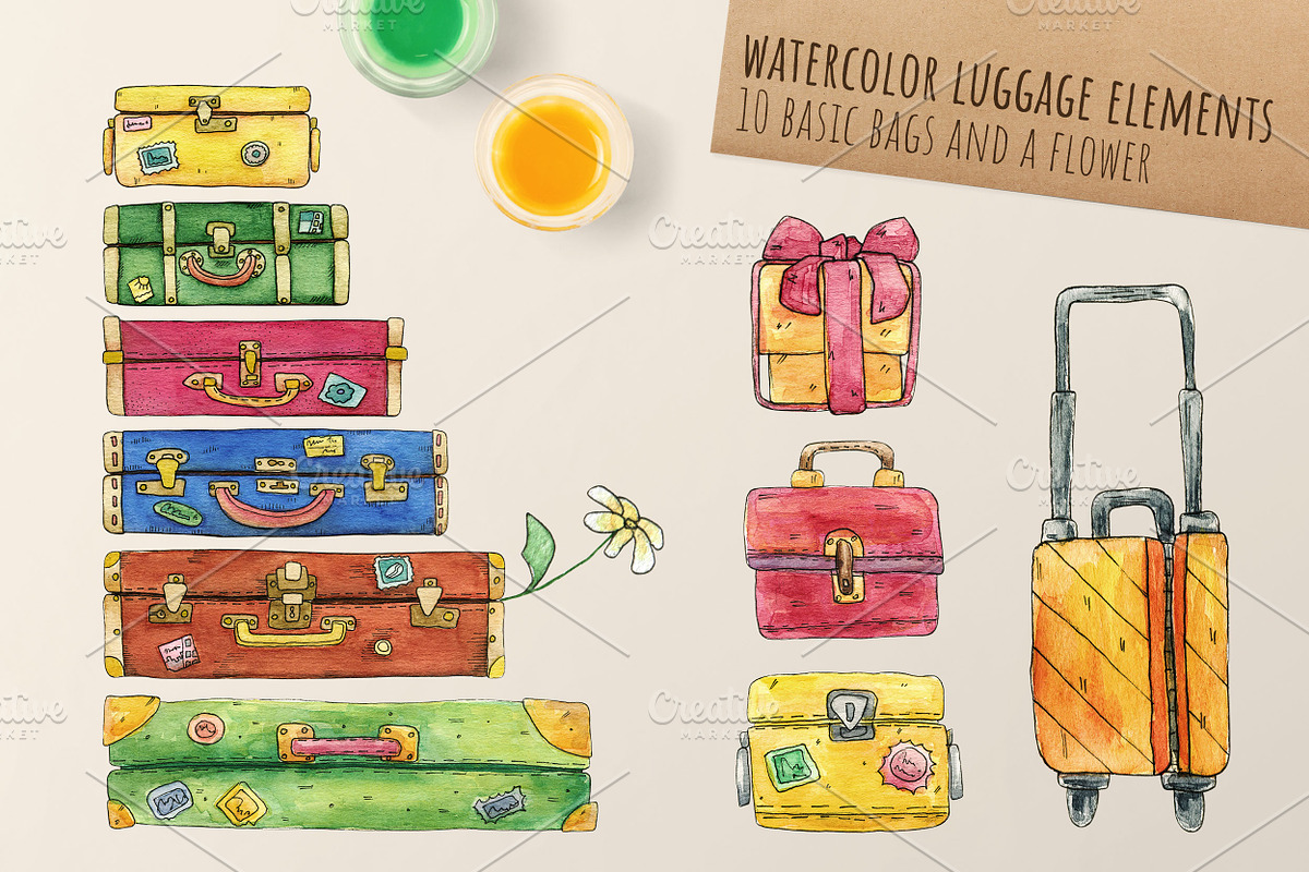 Watercolor Retro Luggage, an Object Graphic by Kitiri Space (Photo 2 of 5)